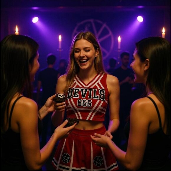 Satans Cheerleader Costume Set Red Devils 666 Top w/ Pleated Skirt & Pom Poms - Picture 7 of 10